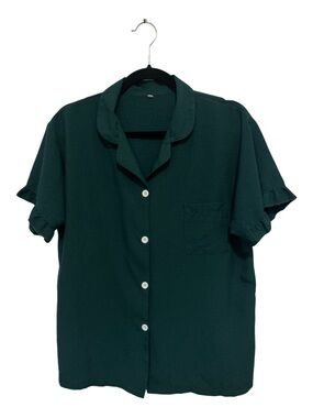 Relaxed Dark Green Short Sleeve Button-Down Shirt With Ruffle Sleeve Detail